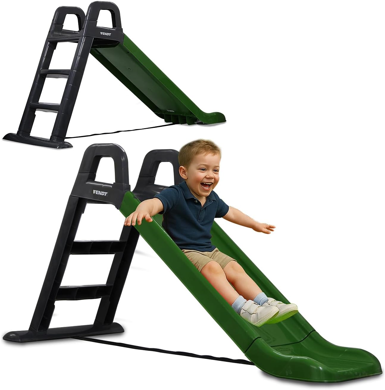 JAMARA Fendt 460354 Slide Made of Robust Plastic, Slide Spout for Gentle Landings, Wide Steps and Safety Handles, Stabilising Strap, Green
