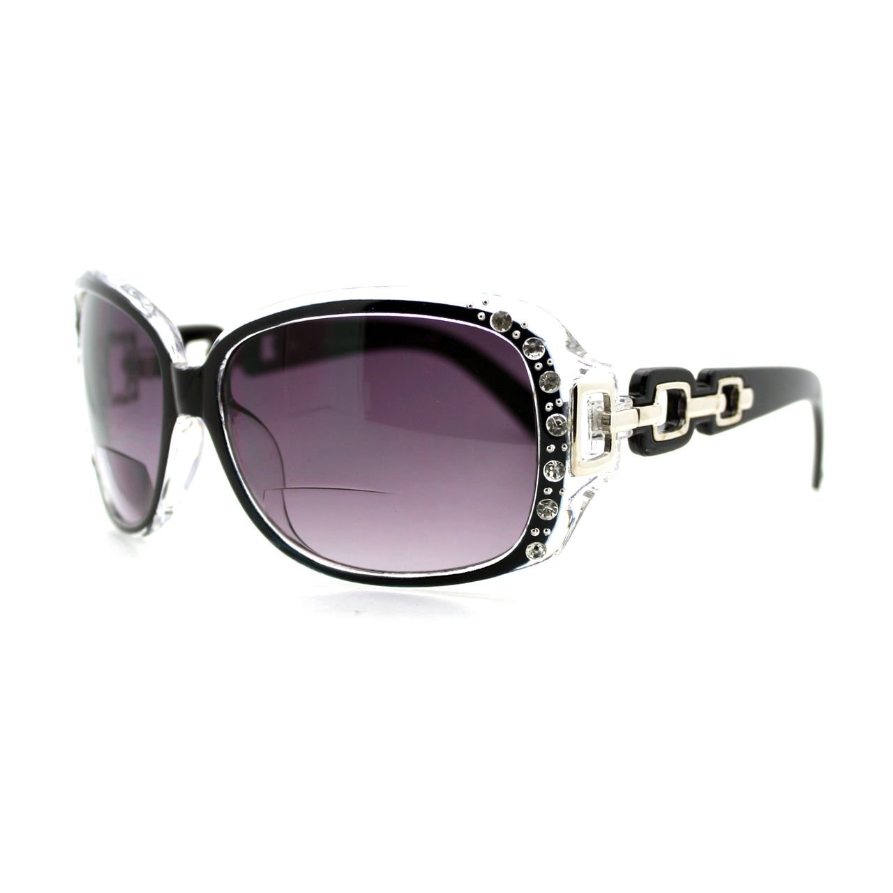 Womens Bifocal Lens Sunglasses Oversized Square Rhinestone Frame Black +3.00