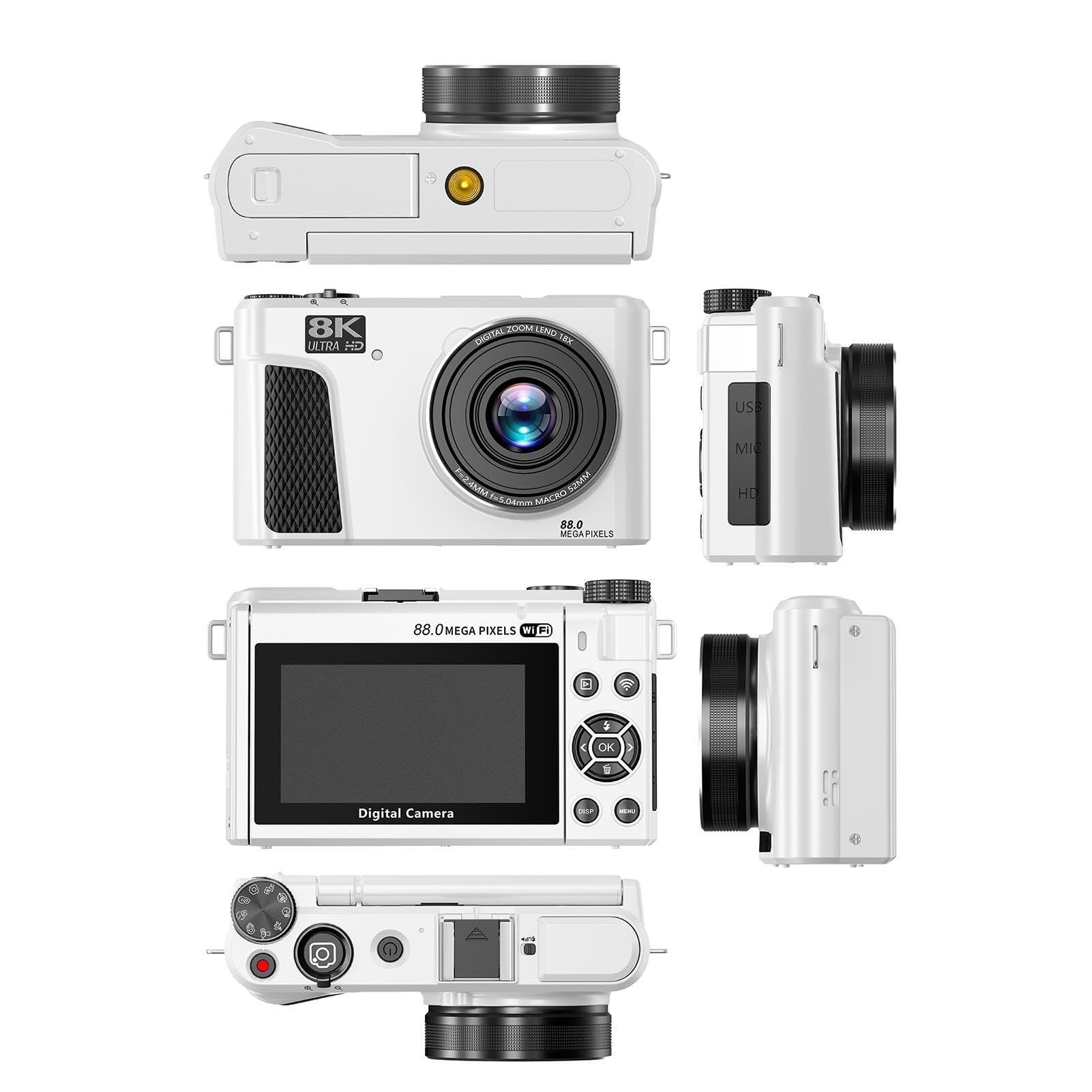 Fotocamera Digitale, Fotocamera da Viaggio WiFi 8K 88MP con Schermo Ribaltabile da 3 Pollici e Messa a Fuoco Automatica, per Streaming Live e Condivisione Sui Social Media, (WHITE)