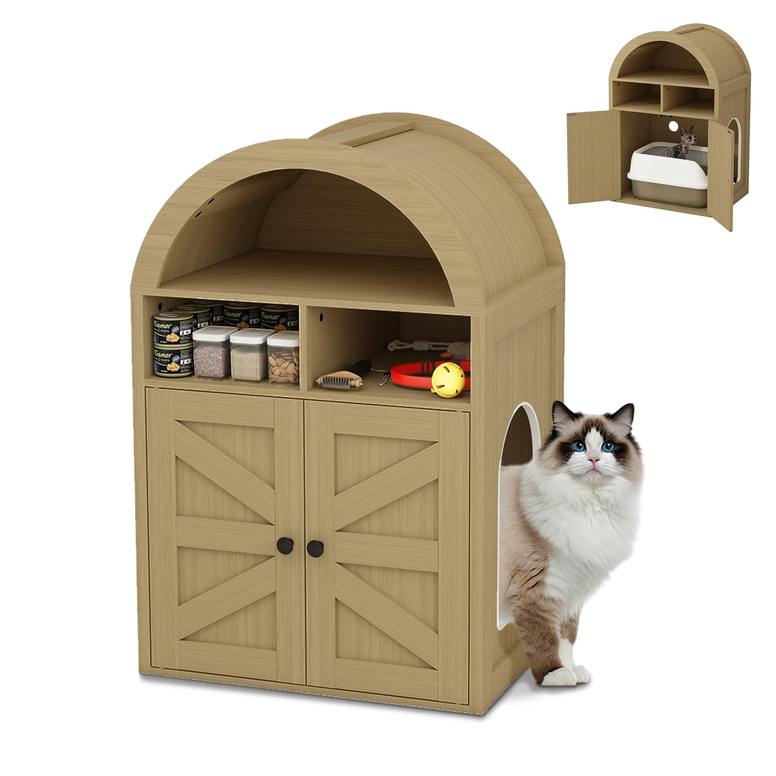 Arched Litter Box Enclosure, Cat Litter Box Furniture Hidden, Cat Washroom Bench Storage Cabinet with Double Doors and Open Shelf for Bedroom, Living Room - image 2