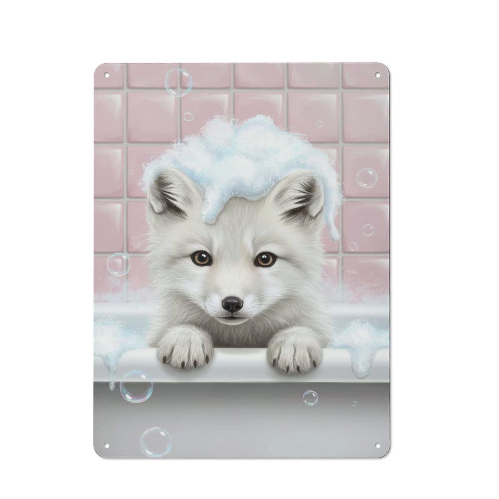 Junmoney Style-3 Tin Wall Plaque 40X30cm With Cute Fox Puppy In Bathtub For Hallway Wall, Suited To Wall Displays In Hallways And Entrance Areas