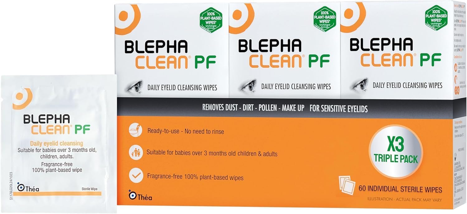 Blephaclean 60 Daily Eyelid Wipes - Gentle Cleansing for Blepharitis and Dry Sensitive Skin | Preservative-Free Formula and Soothing Effective Dry Eye Relief | 20 Sterile Wipes x 3 packs