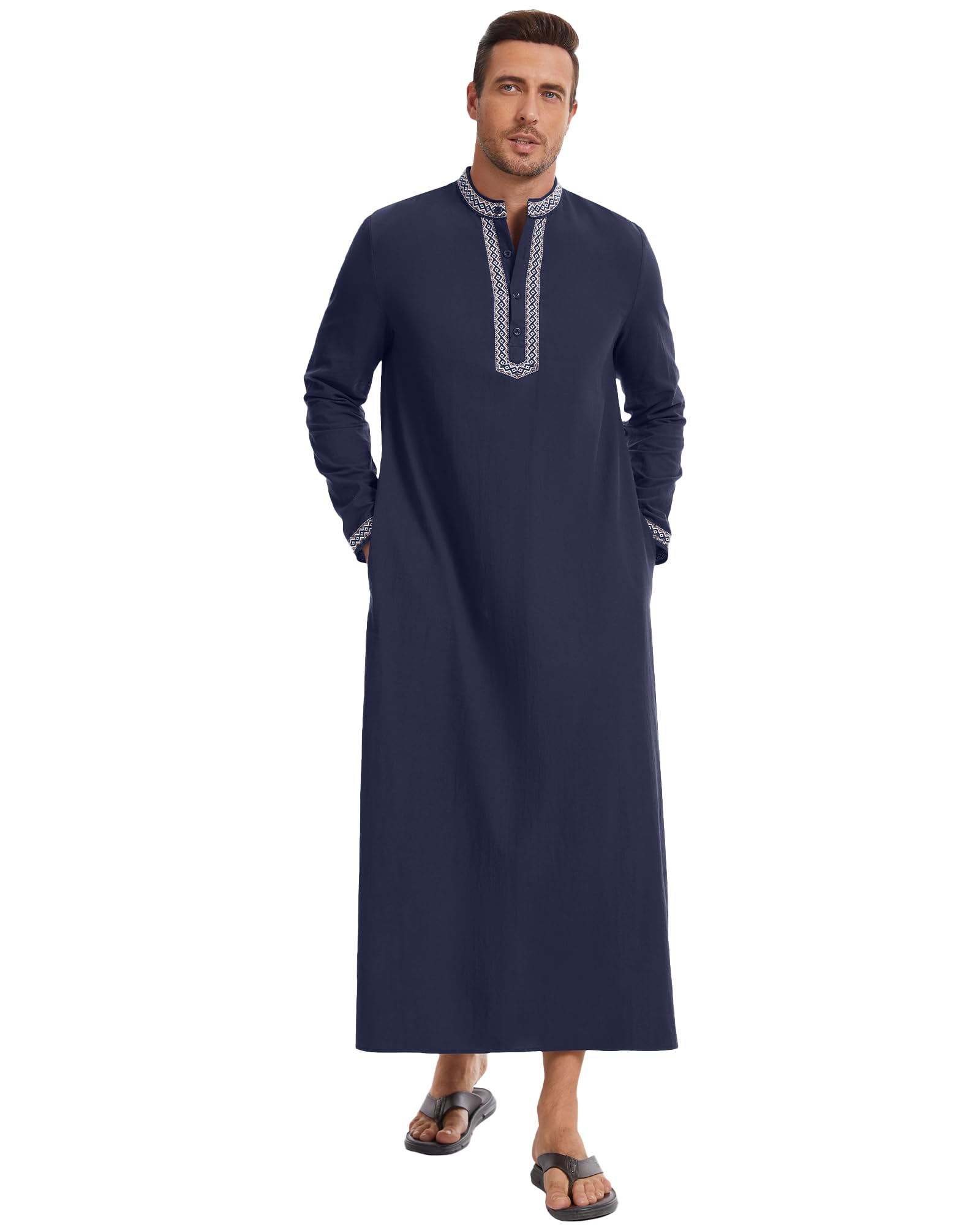 NANAMEEI Qamis Uomo Musulmano Djellaba Uomo Cotone Lino Caftano Ricamato Gandoura Abito Marocchino