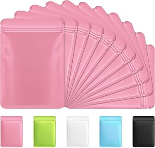 Funfery 100 Pack Pink Mylar Packaging Bags Resealable Bags Double Sided Color Odor Proof Pouch Baggies Smell Proof Foil Bag for Food Storage,Small Business(Pink,3x4.7inch)