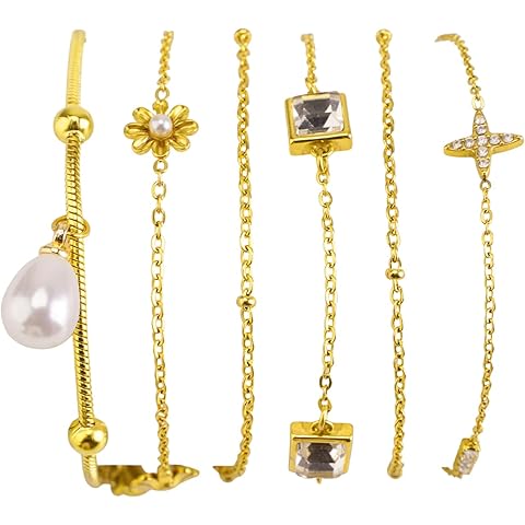 18K Gold Plated Bracelets for Women, 4-Piece Set, Elegant Stackable Tennis Link Cha...