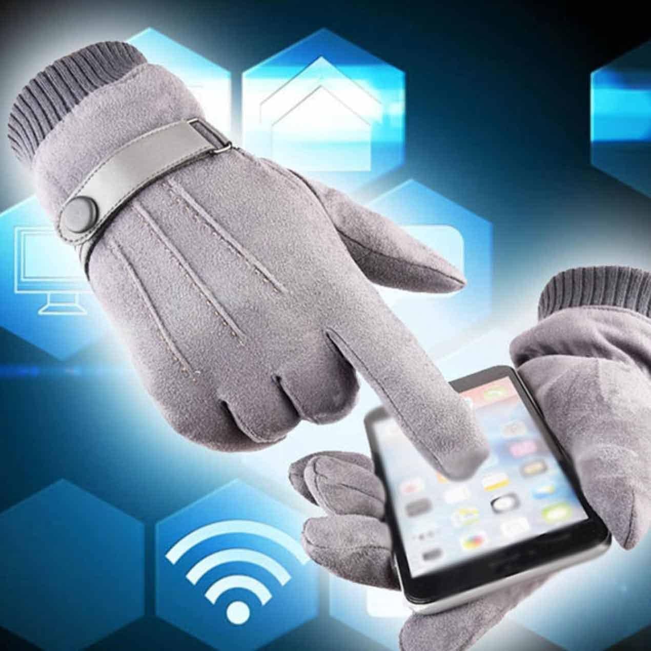 Winter Warmth with Velvet Lining Suede Men's Ski Gloves Thickened Men's Outdoor Sports (Colour: Gray Size: One Size)