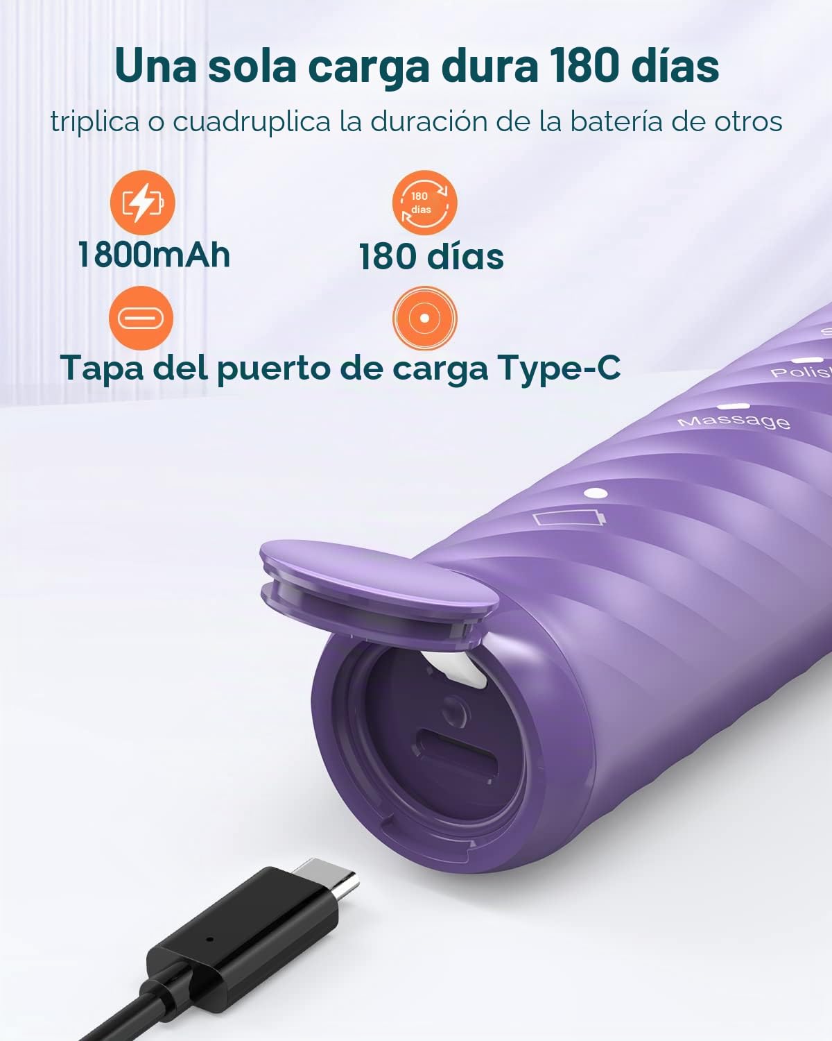 Cepillo de dientes eléctrico para adultos con 6 cabezales de cepillo, cepillo de dientes sónico recargable, batería de larga duración, 4 horas de carga y 180 días de uso, púrpura
