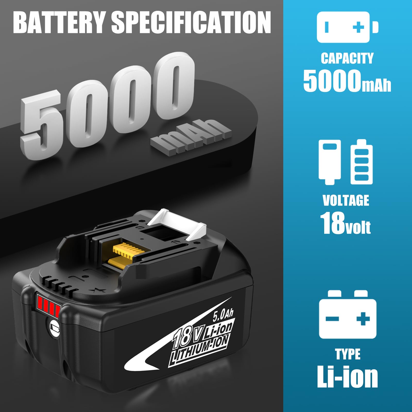 2X Rechange BL1850B pour Makita Batterie 18V 5,0Ah Compatible avec Chargeur 3 A DC18RCT BL1860B BL1840B BL1835B BL1850BB BL1845B BL1860 BL1850 194205-3 LXT-400 avec Outil