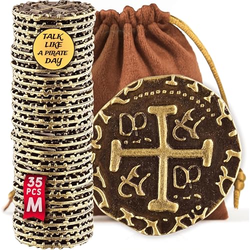 Metal Pirate Coins - 35 Medium Bronze Treasure Coin Set, Metal Replica Spanish Doubloons for Board Games, Tokens, Toys, Cosplay, Realistic Money Imitation, Pirate Treasure Chest, Diameter 7/8