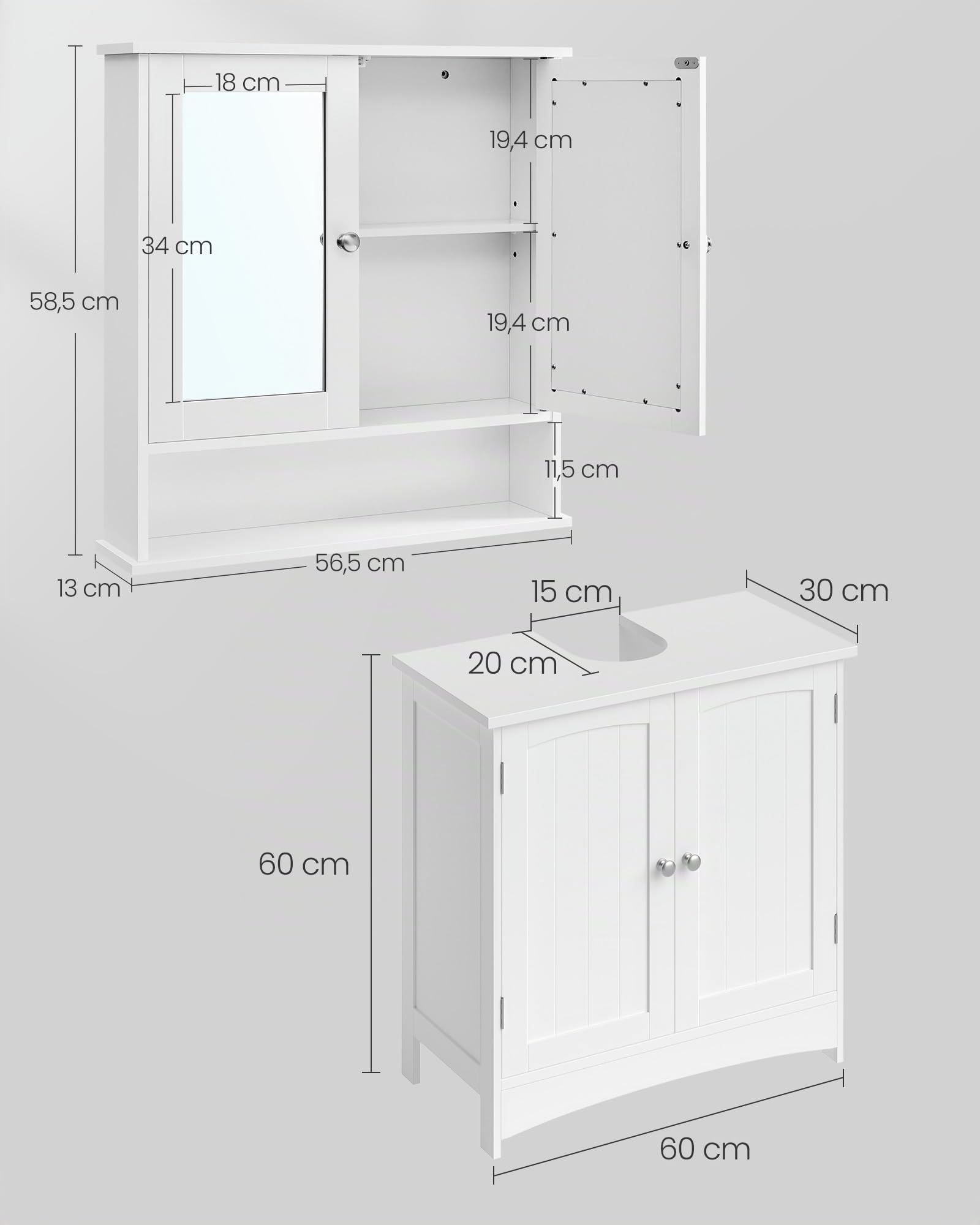 VASAGLE Waschbeckenunterschrank mit Spiegelschrank hängend, Badezimmerschrank mit 2 Türen, verstellbare Ablagen, 2 Spiegeltüren, offenes Fach, wolkenweiß BBC01WT-01