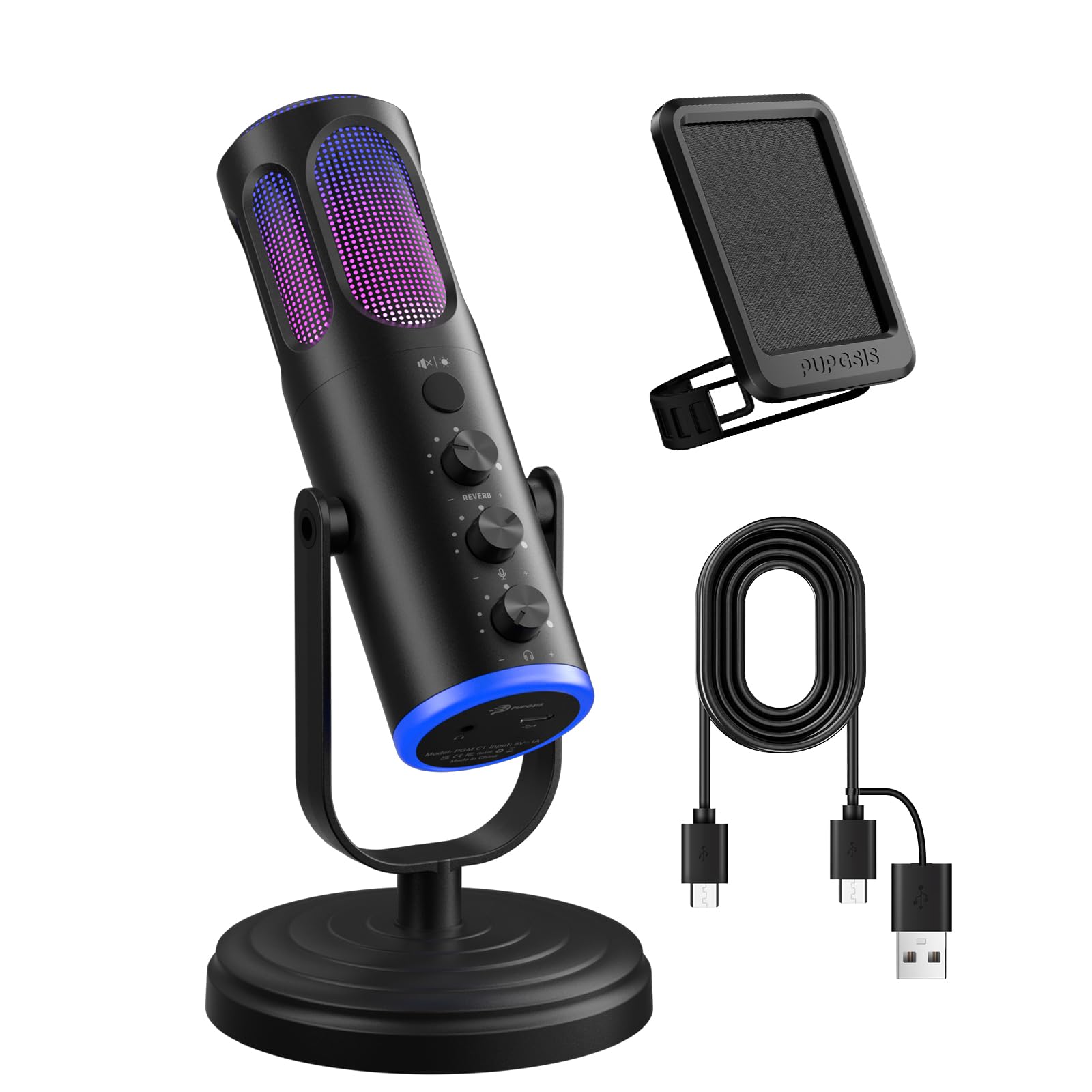 PUPGSIS USB Gaming Microphone for PC,Noise Cancellation Computer Condenser Mic with Reverb,RGB,Mute,Monitoring,Pop Filter for Streaming, Podcasting, Recording, Singing, YouTube On Mac&Windows-Black