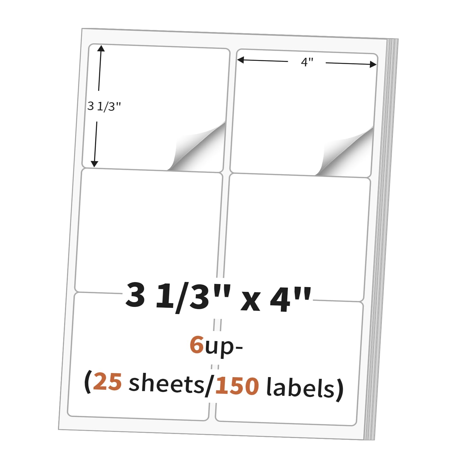 3 1/3" x 4" (25 Sheets) Address Labels, Labels Sticker Paper for Laser/Ink Jet Printer, Printable and Writable White Sticker Labels- Matte, 6 per Page