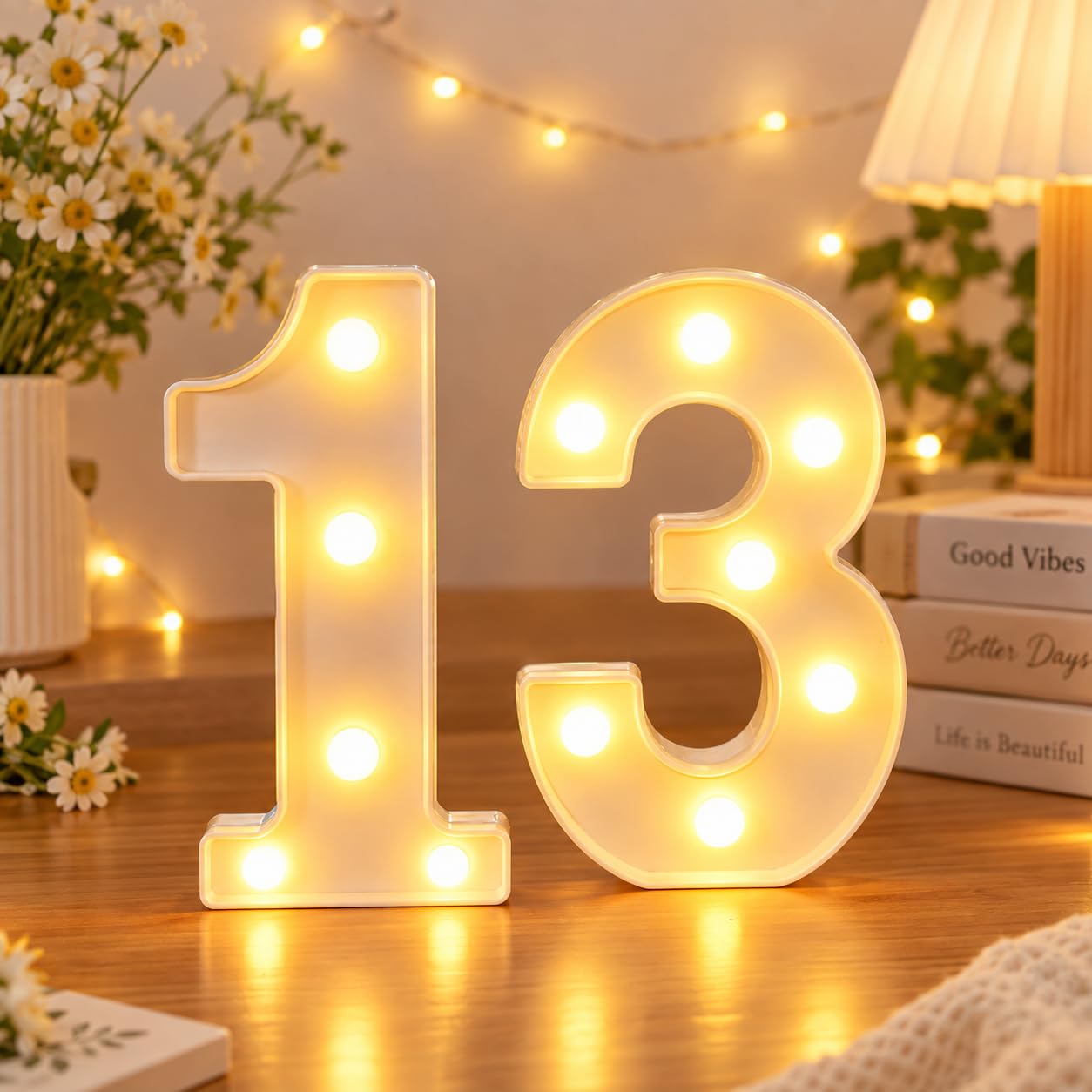 LED Light Up Number 13 Sign, 21.8cm Tall Battery Powered for Birthday Decor