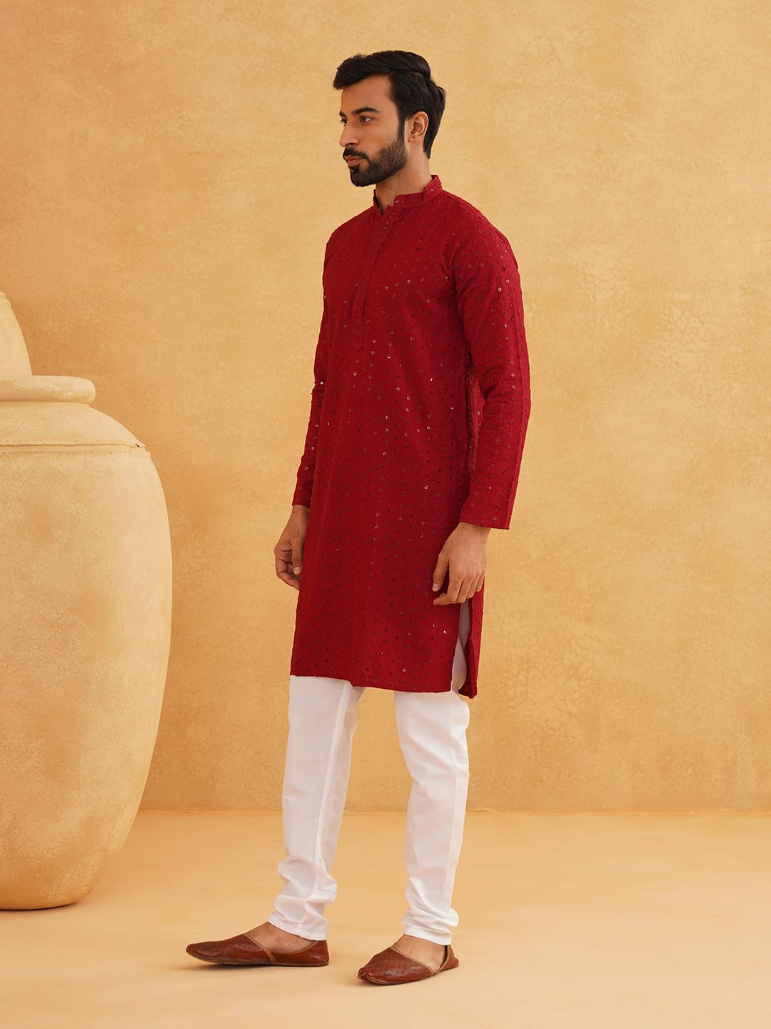 Sojanya (Since 1958 Men's Sequinned Embroidered Maroon Cotton Kurta And White Pyjama Set