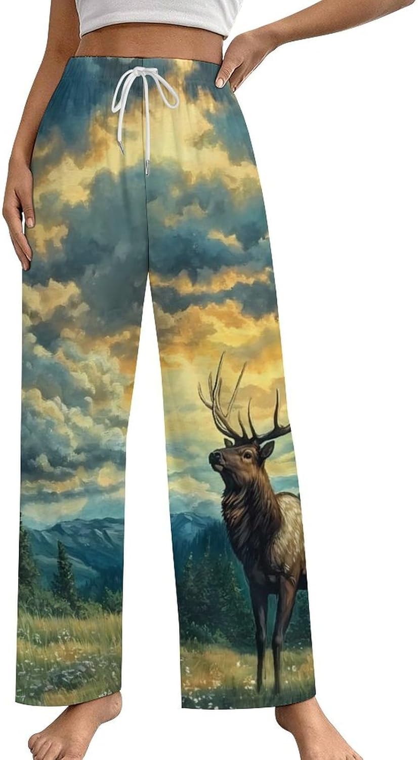 Deers Elks Dusk Clouds Forests Fashion Pajama Pants Women Soft Sleep Pj Lounge Bottoms