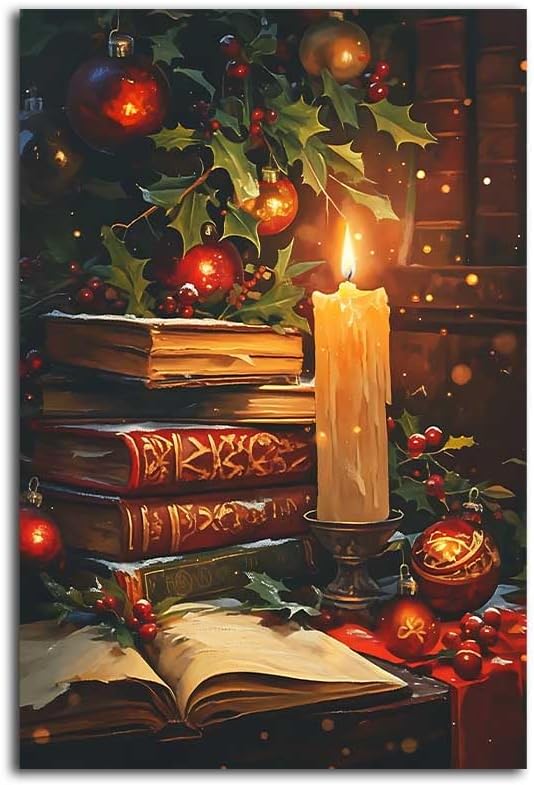 Vintage Christmas Canvas Wall Art, Rustic Books Art