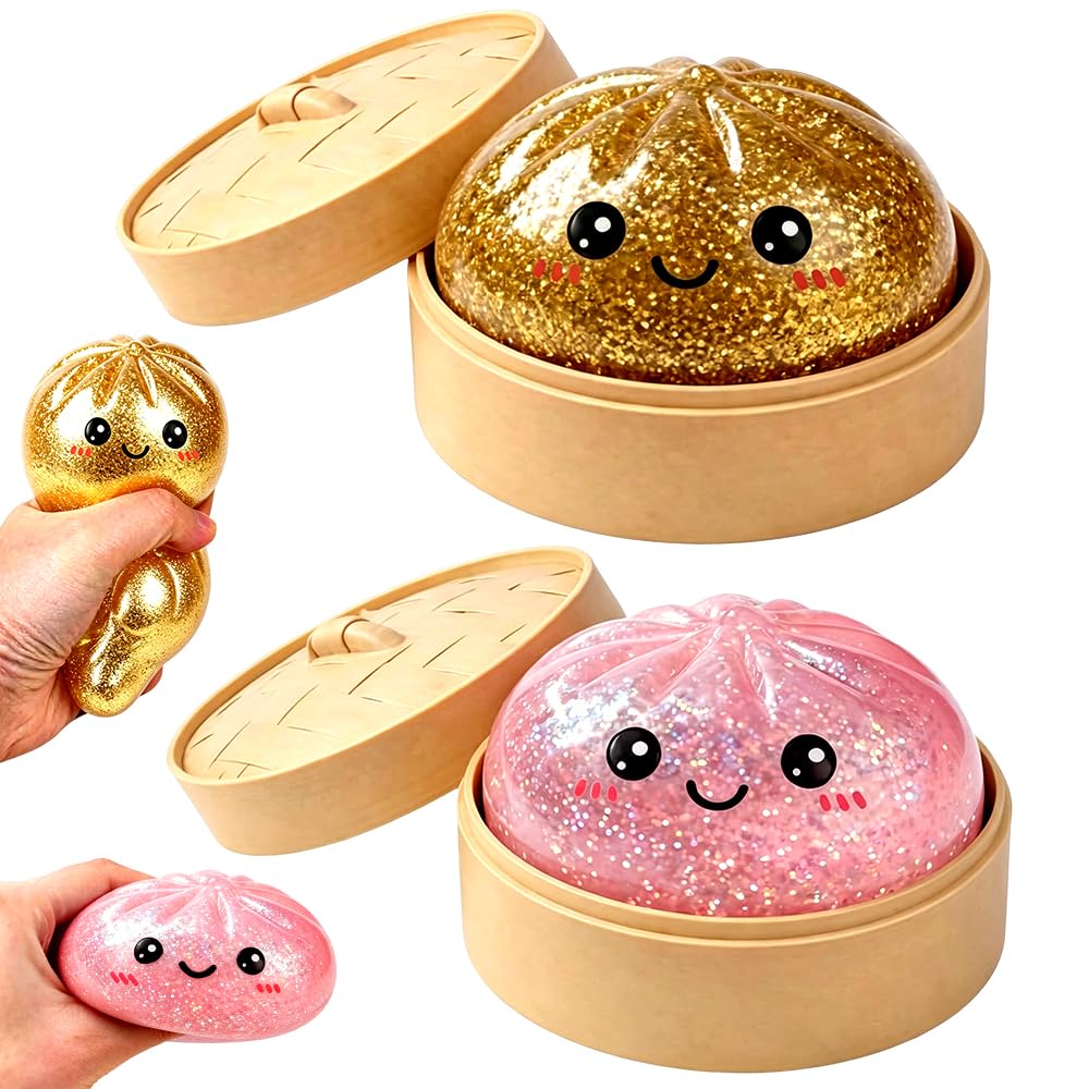 MIFKLMV 2 Pcs Giant Dumpling Squishy, Giant Dumpling Squishy Toy, Toy Dumplings with Steamer Box, Soft Squeeze Dough Hand Fidget Toys, Funny Slow-Rise Stress Toys, Pink/Gold