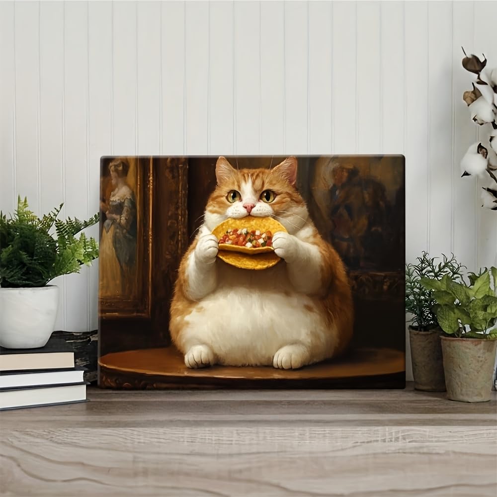 Gruby kot siedzi na stole, obraz dekoracyjny ze zwierzętami do salonu (20 x 40 cm/z ramą)
