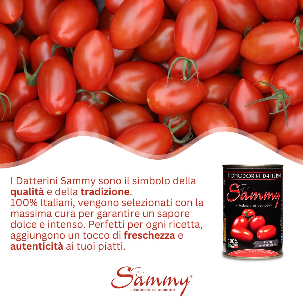 SAMMY - I Pomodorini Datterini, Pomodorino Datterino in Succo di Pomodoro, 100% Filiera Italiana, Gusto Dolce e Intenso, 12 Pezzi in Latta da 400gr