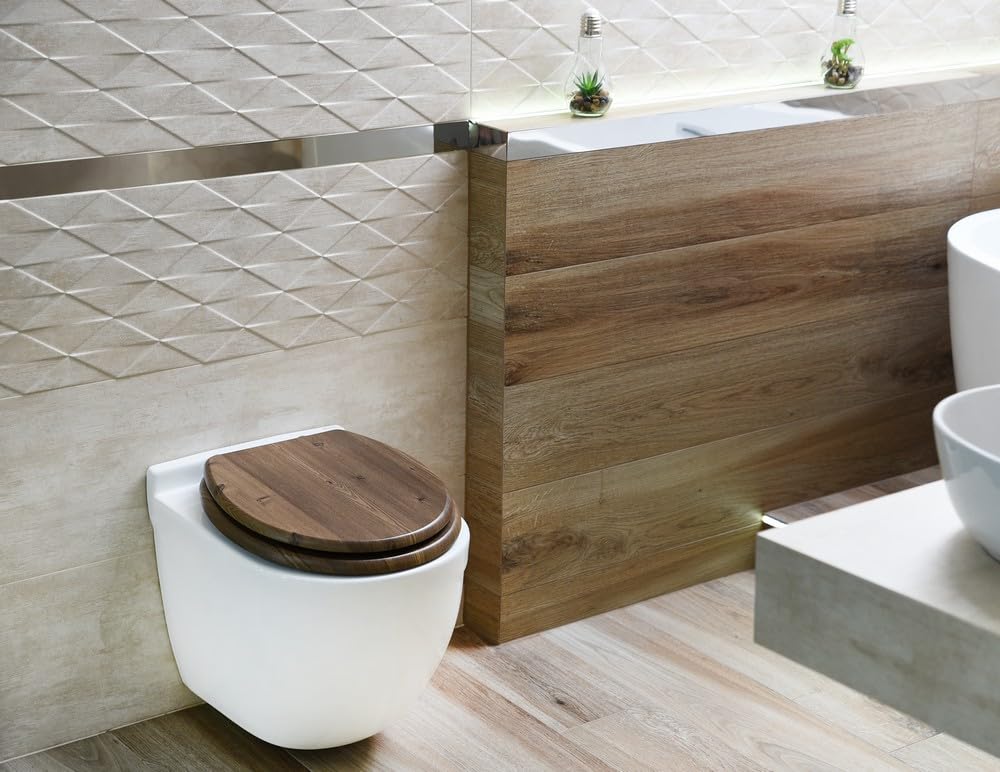 AWD Hochwertiger Schöner WC Sitz Deckel TOILETTENSITZ Landhaus Style KLODECKEL in Holzoptik MIT ABSENKAUTOMATIK-Brauntöne aus MDF-Holz