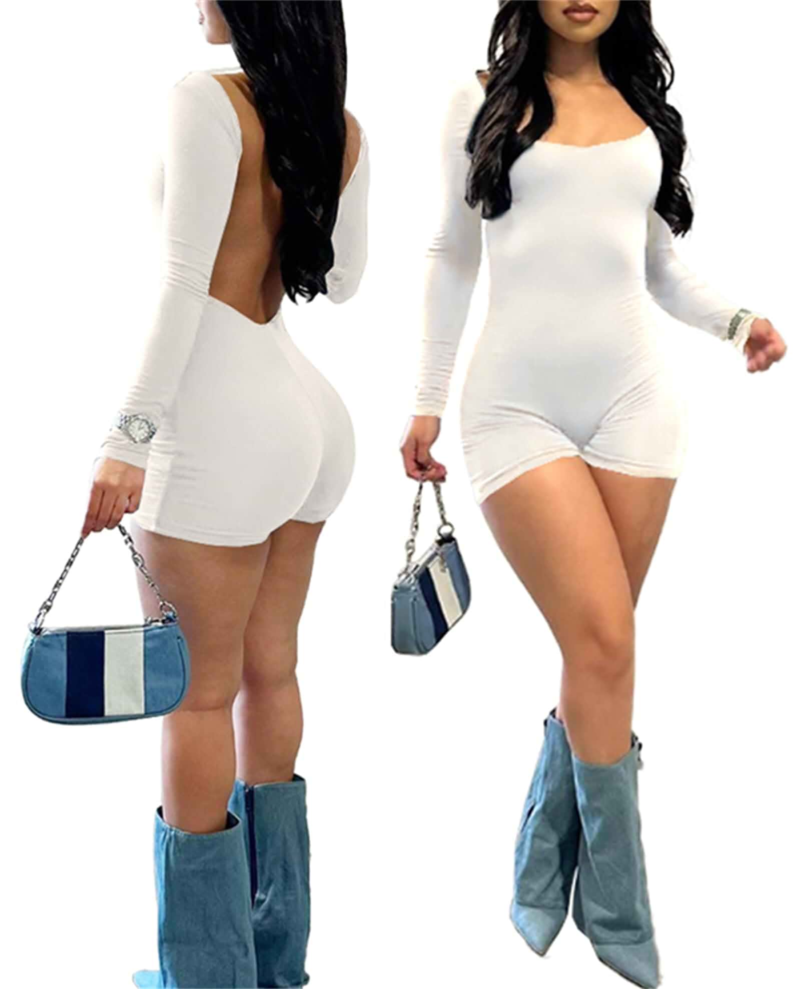 Hafailia Women Bodycon Rompers Backless One Piece Jumpsuit Stretchy fabric, open back design, scoop neckline, long sleeve, slim fit cutout style, ideal for club wear and date night