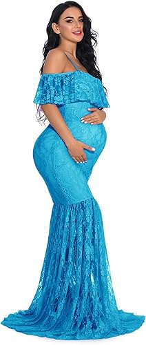 Miniatura 3 de ZIUMUDY Vestido de maternidad de encaje ajustado con mangas con volantes y hombros descubiertos, vestido de fotografía para baby shower