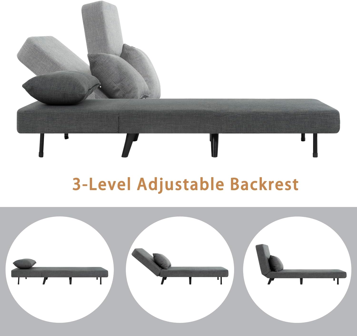Folding Chair Bed, Comfy Convertible Sleeper Sofa, 3 in 1 Linen Folding Bed with Adjustable Backrest & Pillow, Cozy Futon Chairs, for Small Spaces, Office, Living Room, Bedroom (Grey)