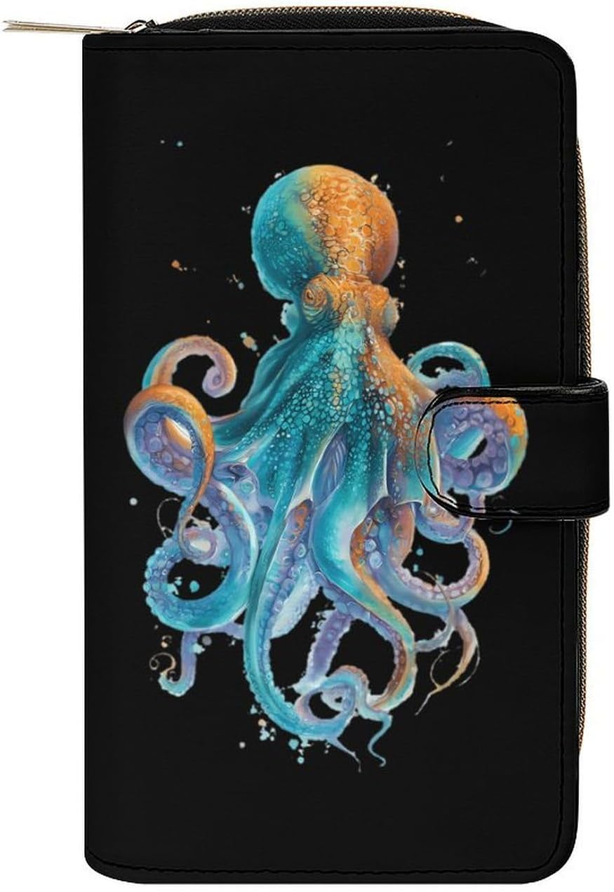 Watercolor Octopuss Women's Long Wallets Leather Purse Fold Clutch Credit Card Holder