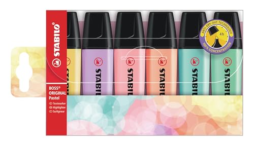 STABILO - BOSS ORIGINAL Pastel - Highlighter - Pack of 6 - Milky Yellow, Creamy Peach, Pink Blush, Lilac Haze, Hint of Mint, Touch of Turquoise