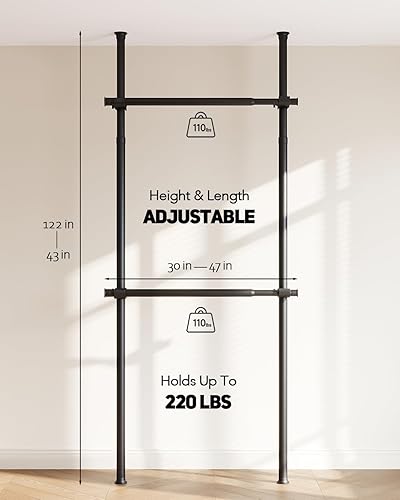 Miniatura 3 de Perchero de piso a techo, perchero telescópico de alta resistencia, 43-122 pulgadas de altura y 30-47 pulgadas de ancho, capacidad de carga total de