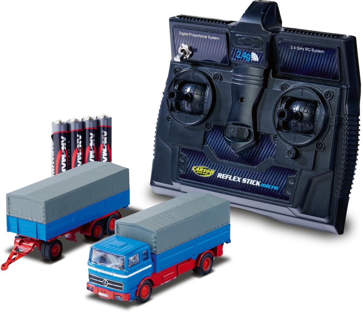 Carson 1:87 MB 1620 plandeka z przyczepą, 100% RTR niebieska, model gotowy do jazdy, samochód RC, model RC, pojazd diorama, zdalnie sterowana ciężarówka, zdalnie sterowana ciężarówka