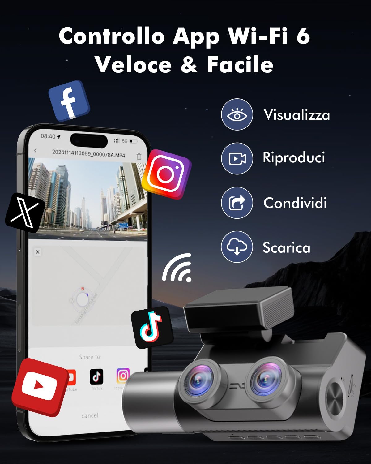 Dash Cam Auto 3 Canali, 4K UHD Anteriore + Full HD Posteriore + Interno, Dashcam con Sorveglianza Parcheggio 24h, WiFi 6 e GPS, Visione Notturna HDR/WDR, Dashcam con scheda 64GB (V1)