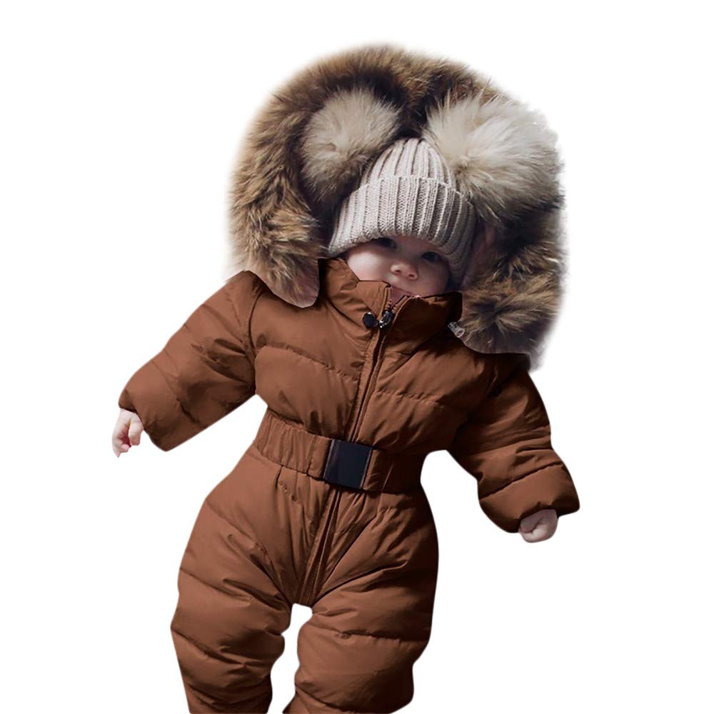 RNTOP Baby Girls Boys Snowsuit Infant Thicken Warm Winter Coat Toddler Hooded Jumpsuit Romper (Brown, 9-12 Months)