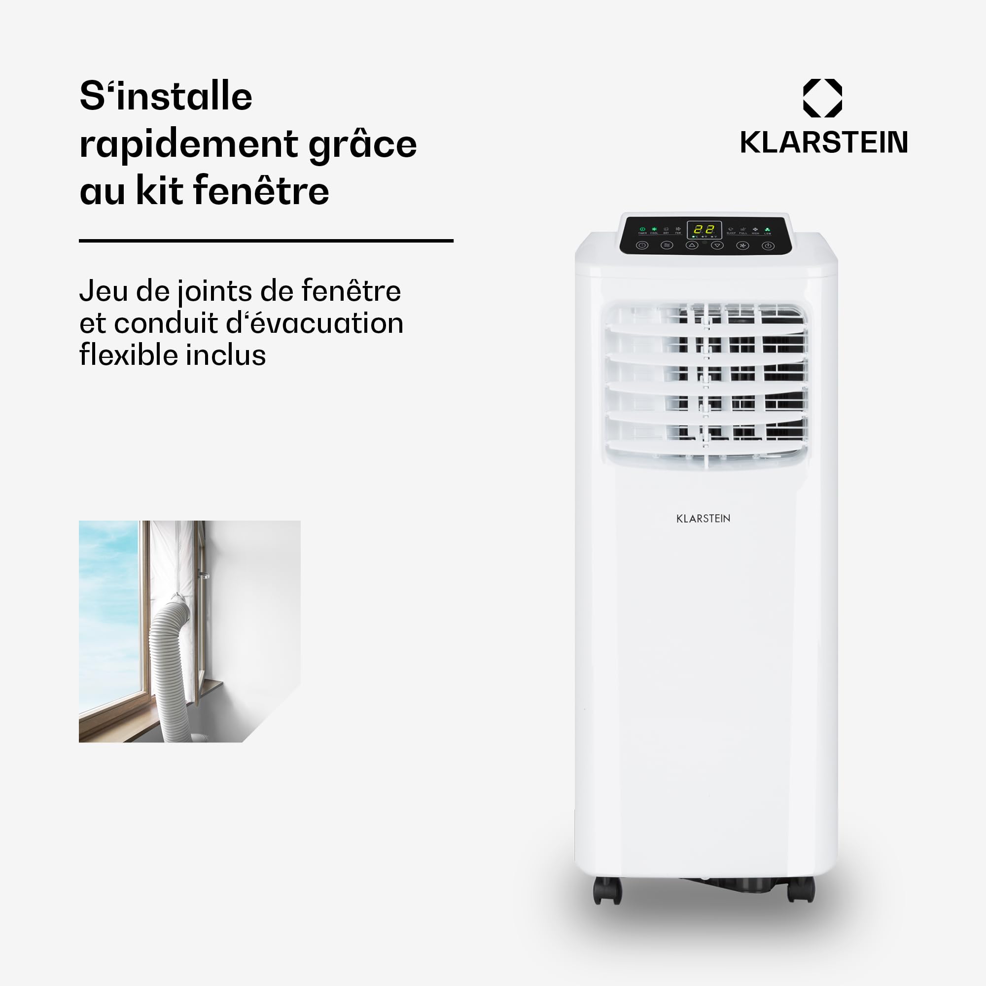 Klarstein Climatiseur Mobile Silencieux, Smart Climatiseur 3 en 1, Mode Nuit, Déshumidificateur, Ventilateur, Mini Climatisation à Faible Conso, Evacuation, Clim Portable, 7000 BTU, Climatiseurs