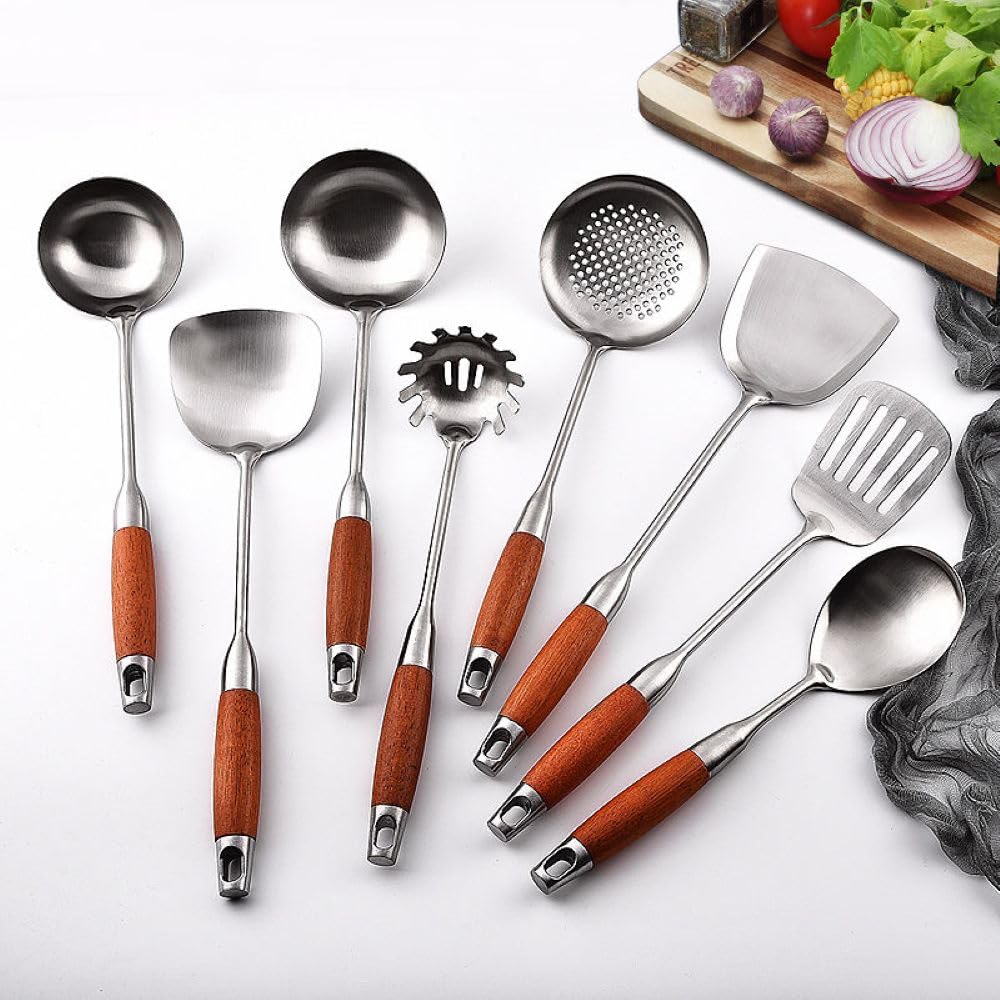 Stainless Steel Kitchen Cooking Utensils set with Wooden Handle,8 Pieces Metal Utensils,Ergonomic and comfortable serving Utensils, Soup Ladle Spoon,Turner Skimmer set