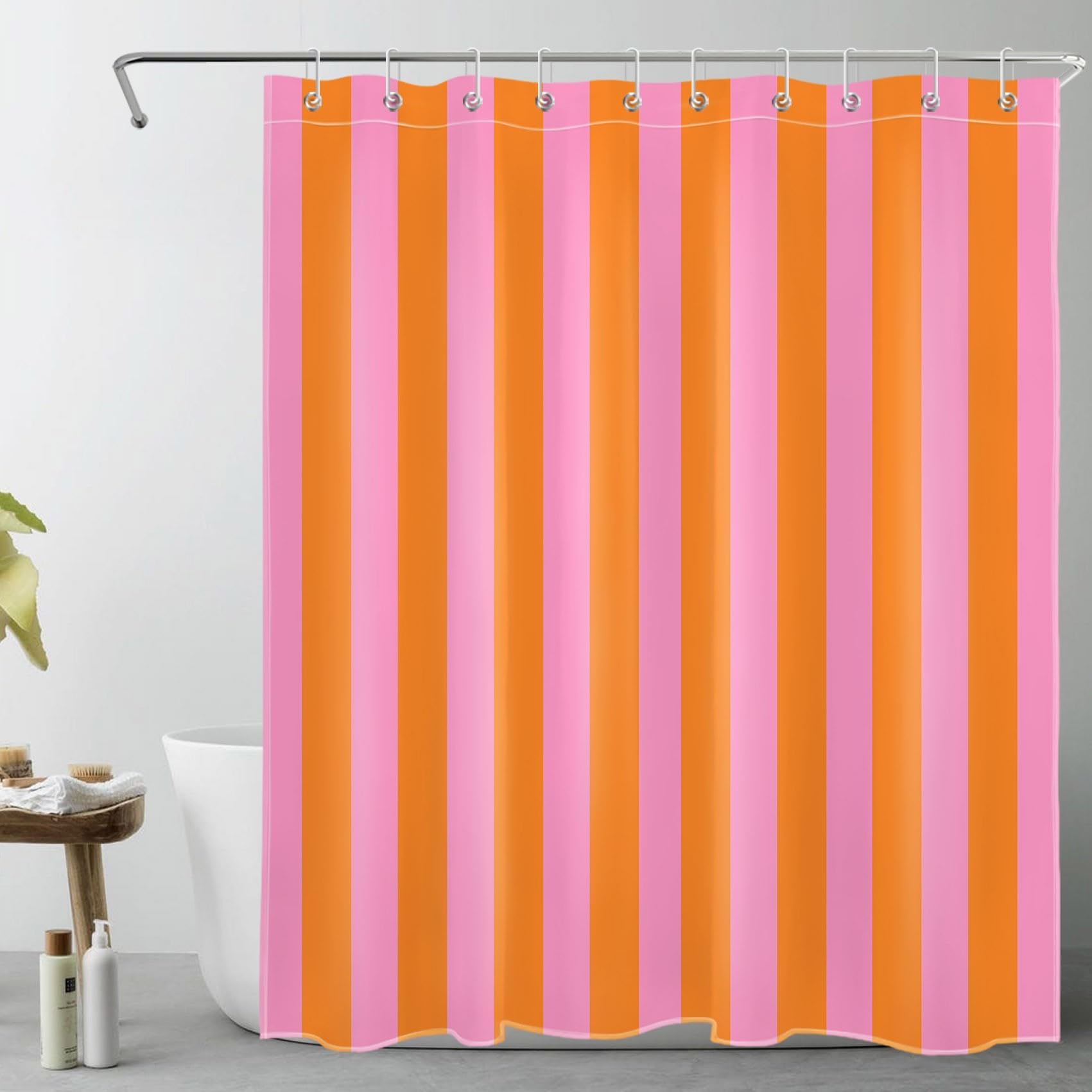 Gestreift Duschvorhang 200 x 220 cm (B x H) Extra Lang Rosa und Orange Moderne Kunst Badezimmer Deko Boho Badevorhang Stoff Polyester Wasserdicht Waschbar mit Haken