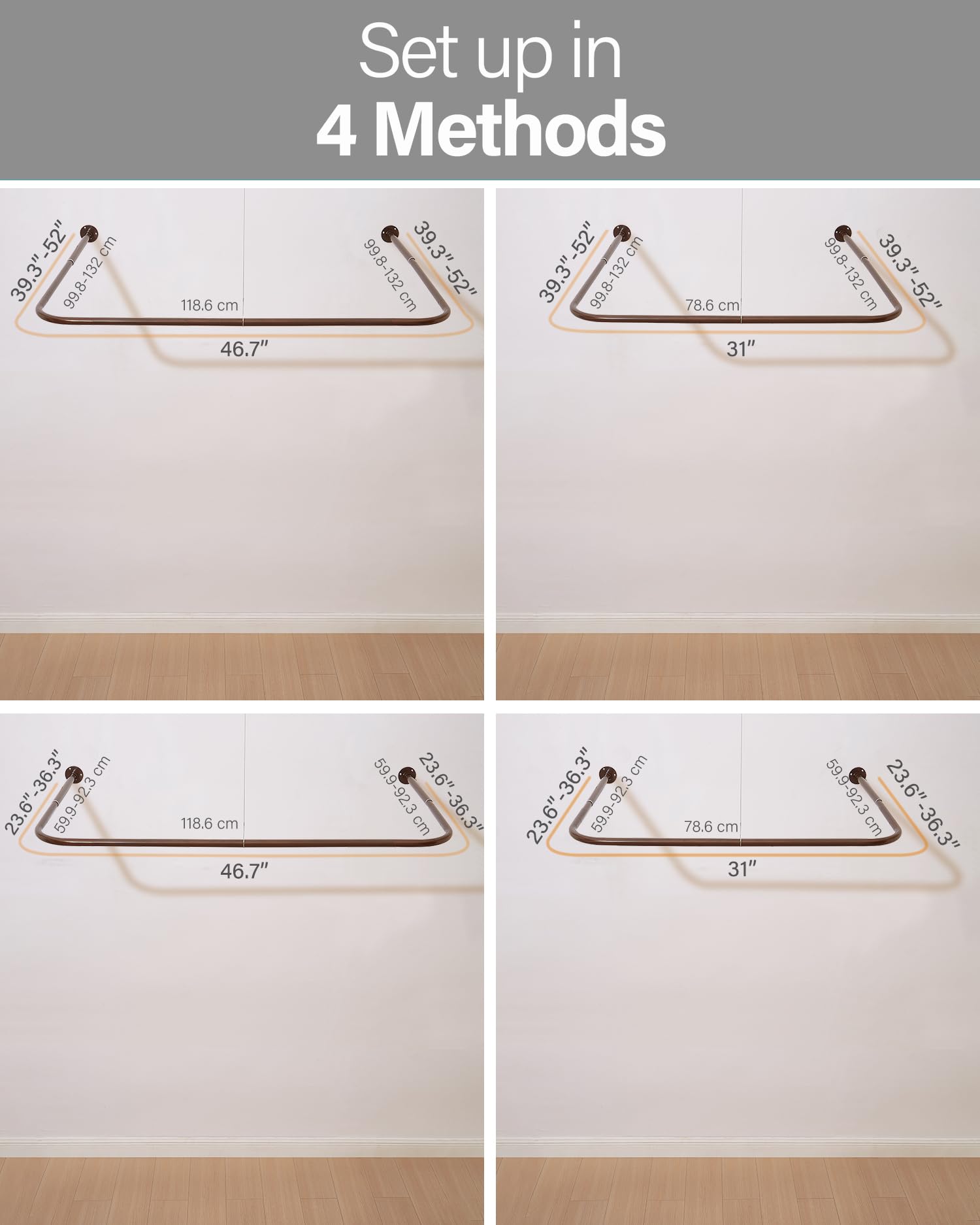 Barra Cortina Ducha en Forma de U, [Ambos Lados: 60 cm - 132 cm, Centro: 76,2 cm - 117 cm] Poste de Cortina de Esquina de Ducha Exterior Ajustable para Baños con 12 Ganchos y Soportes de Techo