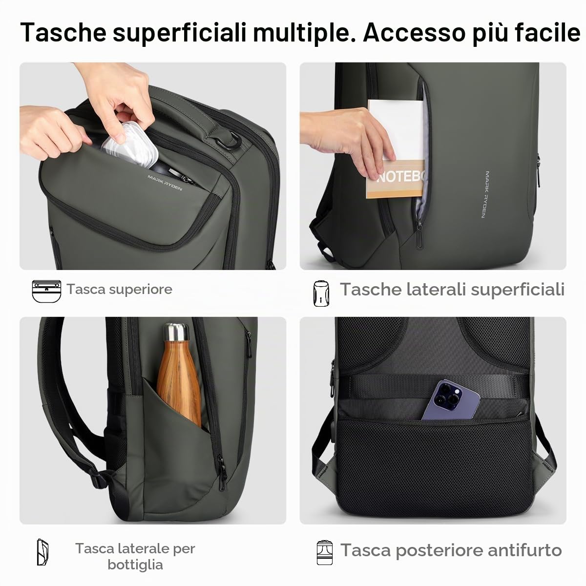 MARK RYDEN Zaino portatile di grande capacità con USB 17.3 pollici/15.6 pollici per gli uomini multifunzione antifurto zaino giorno per business