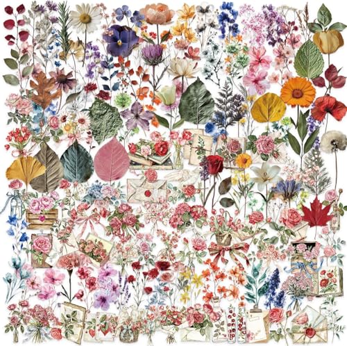 AOMZKOL 150 Autocollants Fleurs Scrapbooking, Stickers Floral Vintage pour Carnet, Papeterie Créative Adulte, Décoration Lettres DIY - 4-8 cm