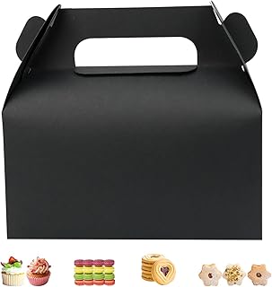 GUIFIER 25 Pack Black Treat Boxes Gable Boxes Party Favor Boxes Goodie Gift Boxes Paper Boxes with Handles for Birthday Shower Celebrating and Party Dessert Boxes for Candy, Cookies 6.5x3.6x3.4 Inches