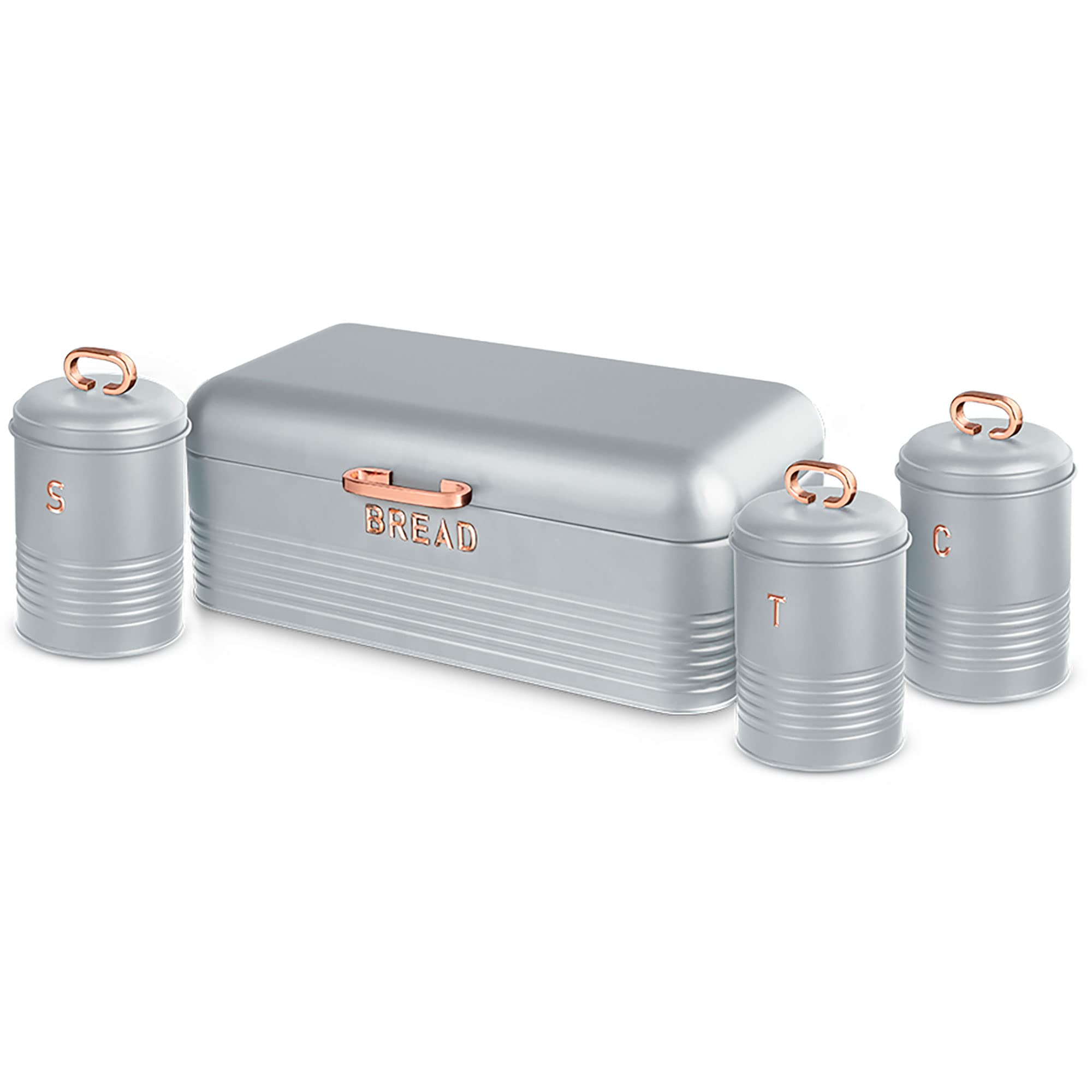Berlinger Haus Moonlight - Portapane da tavolo + set di 3 contenitori da cucina, in acciaio inox resistente, contenitore per pane, panini, con coperchio, grigio/oro rosa