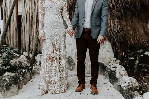 Boho Wedding Dresses Unique Lace Long Sleeve Beach Vintage Two Pieces Outdoorsy Wedding Gowns(White Lining,M) #TOP3