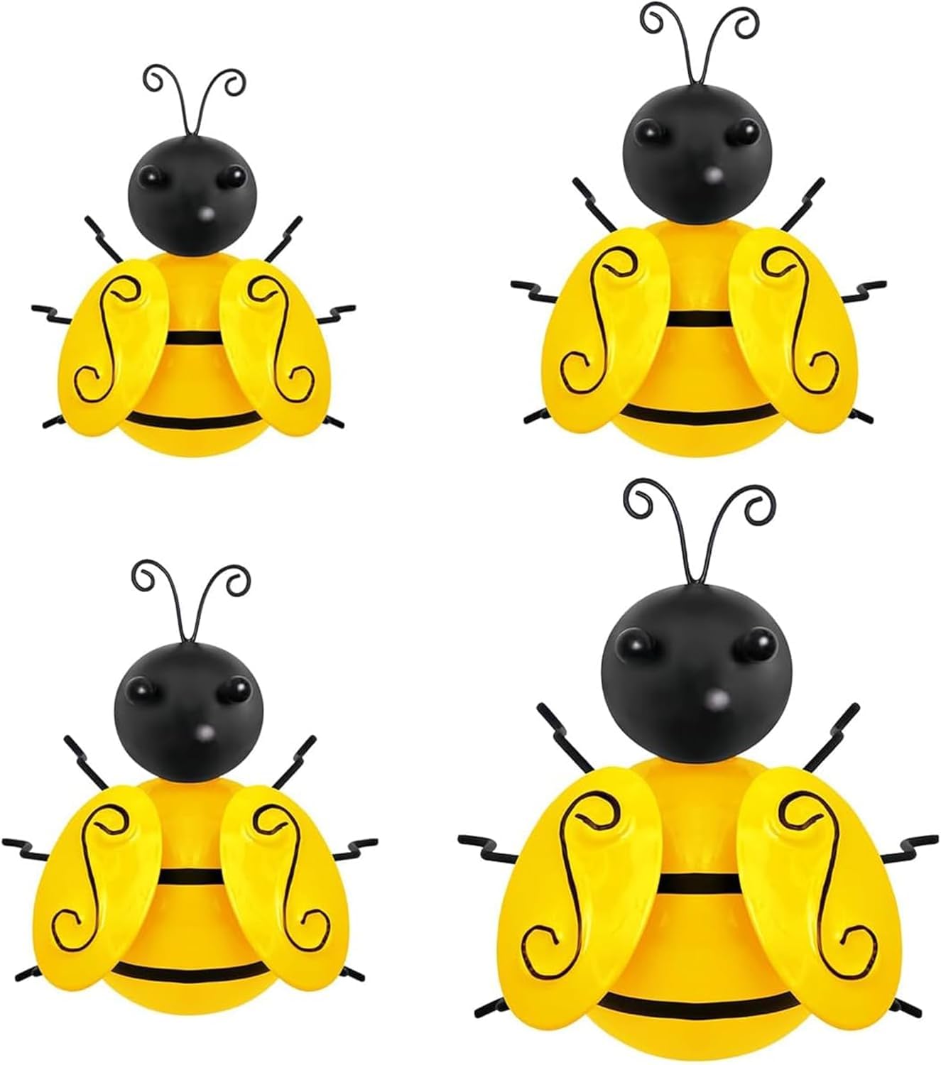 4-Piece Metal Bumble Bee Garden Decor Set – Yellow & Black Outdoor Wall Art for Fence, Patio & Yard – Sizes 3.9" to 5.9" – Weatherproof Decorative Bee Sculptures for Home & Garden