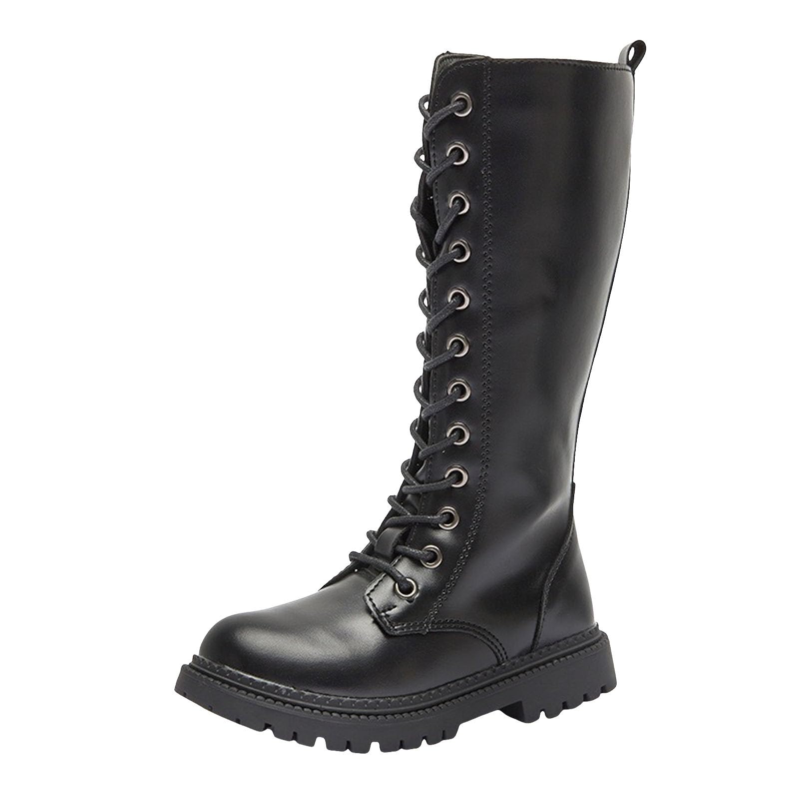 Genérico Botas y Botines para Niña Botas Largas con Cordones de Piel de Color Sólido, Británico, Cremallera lateral, Suela gruesa Zapatos de equitación Tendencia Occidental
