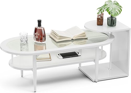 Miniatura 9 de IKIFLY Juego de mesa de centro de cristal, mesa de té de café blanca con mesa de vidrio Changhong y mesa auxiliar para sala de estar comedor