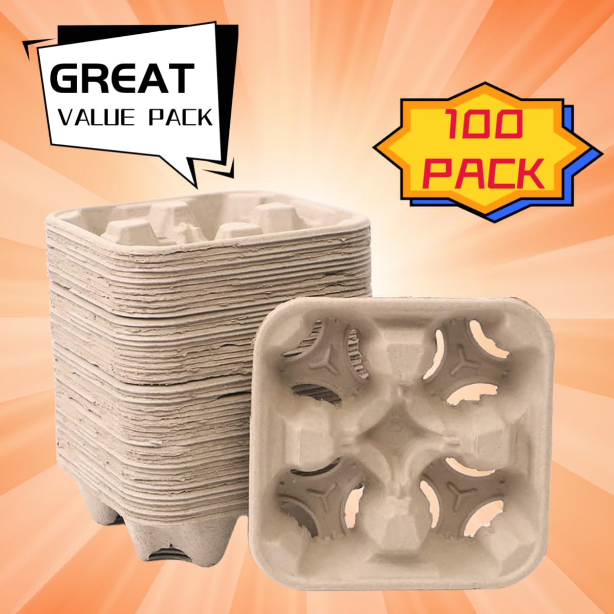 UBozeuiv 4-Cup Biodegradable Drink Carrier for Coffee, Bubble Tea & Soda - Heavy-Duty Cup Holder with Deeper Slots, Secures 8-32oz Cups for Takeout, Delivery, Restaurants (100 Pack)