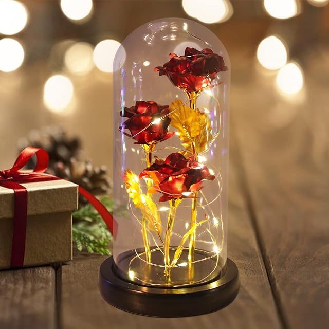 Colorful RED Artificial Flower Rose Gift,Colorful Red Foil Rose and Led Light in Glass Dome on Wooden Base for Home Unique Gifts for Women, Christmas, Wedding,Valentine's Day, Anniversary Birthday