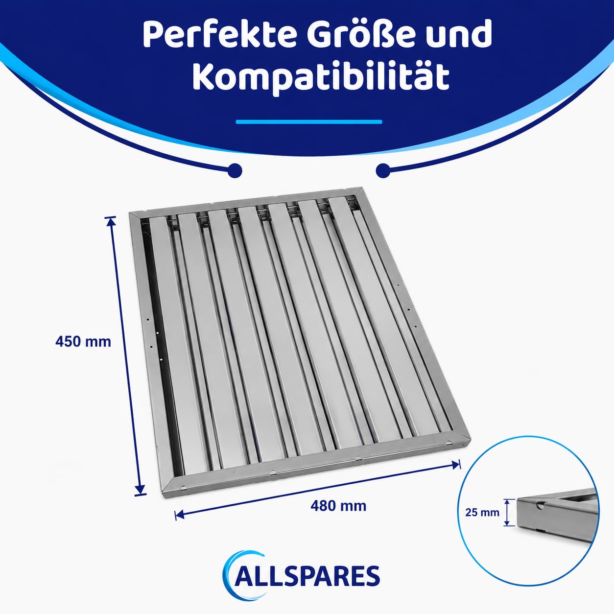 AllSpares Flammschutzfilter Typ B für Dunstabzugshaube aus Edelstahl AISI 304 | Metallfettfilter für Gastro und Industrie Abzugshauben | 450 x 480 x 25 mm