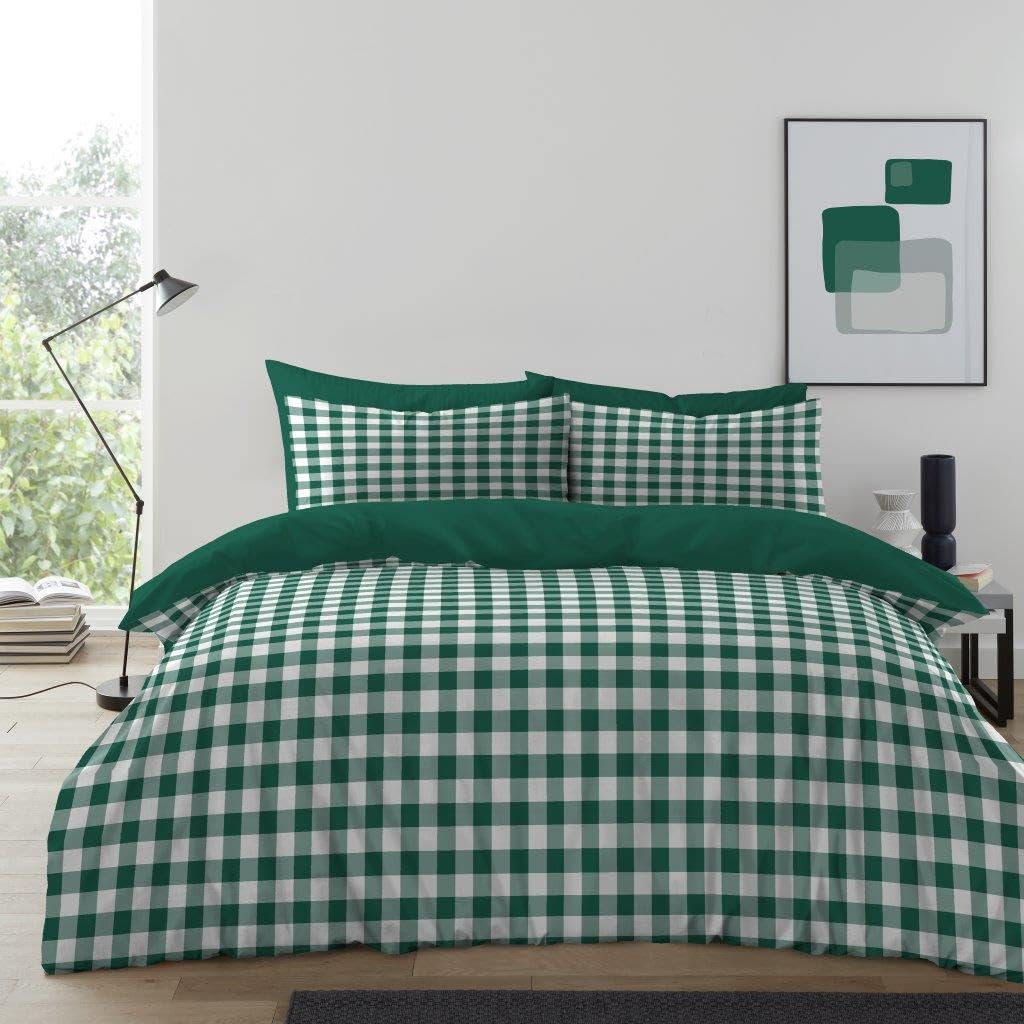 GC GAVENO CAVAILIA Gingham Check Double Duvet Set - Microfiber Tartan Check Bedding Double Bed Set With Pillow Cases - Hypoallergenic & Machine Washable Reversible Quilt Covers Bed Set, Forest