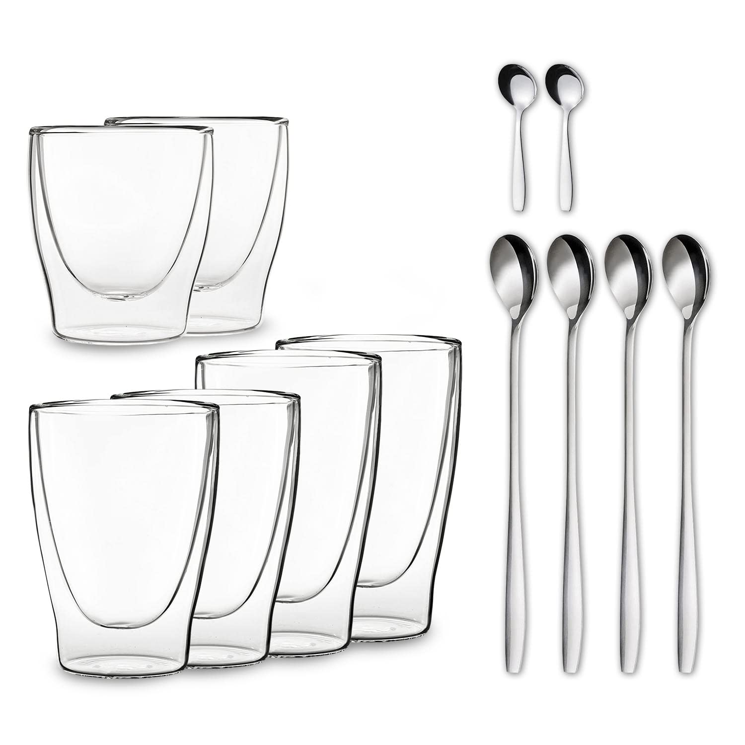 DUOS® Jumbo 6er Set Latte Macchiato Doppelwandige Gläser - 2x 80ml + 2x 310ml + 2x 410ml + 6x Löffel, Kaffeegläser für Cappuccino & Latte Macchiato